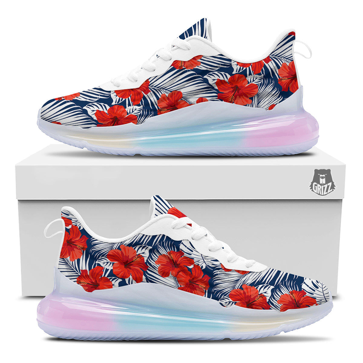 Hibiscus White Leaves Print Pattern Running Sneakers-grizzshop