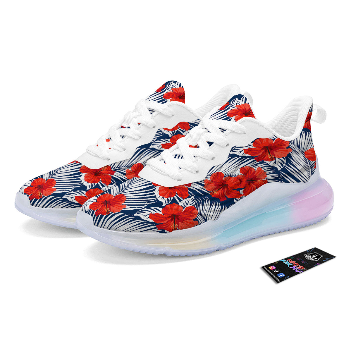Hibiscus White Leaves Print Pattern Running Sneakers-grizzshop