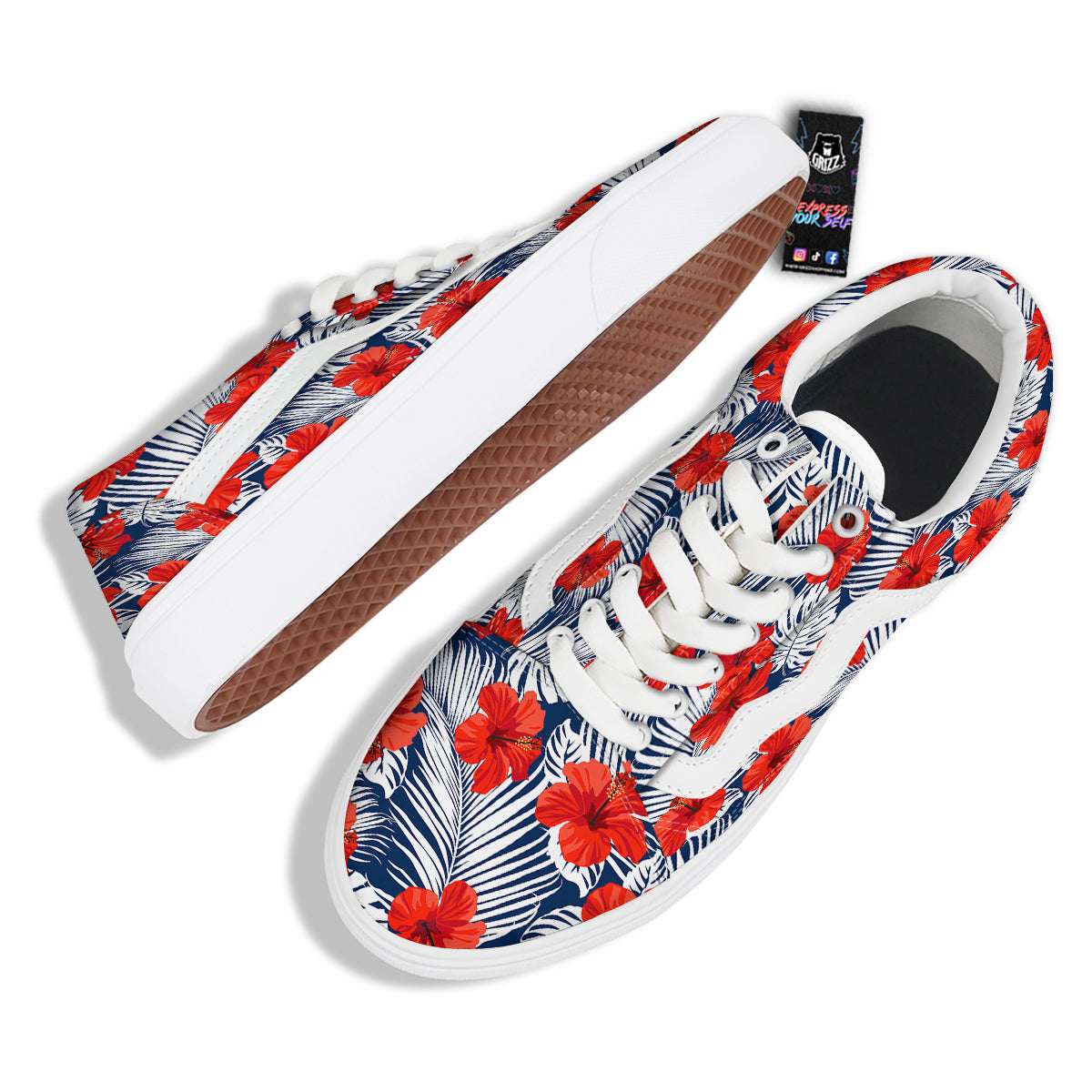 Hibiscus White Leaves Print Pattern Skate Shoes-grizzshop