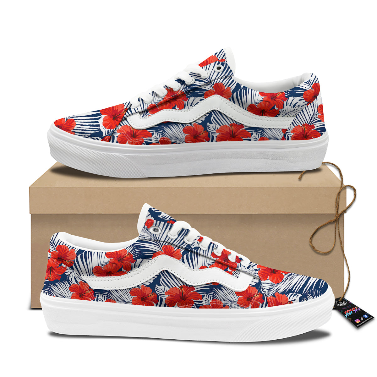 Hibiscus White Leaves Print Pattern Skate Shoes-grizzshop