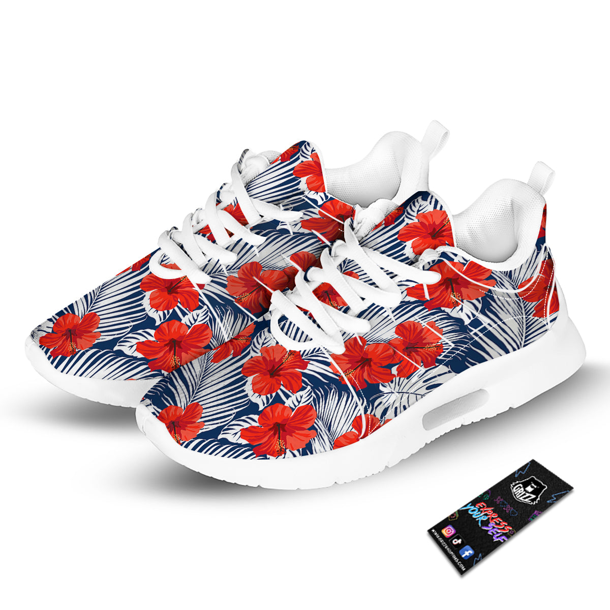 Hibiscus White Leaves Print Pattern Tennis Shoes-grizzshop
