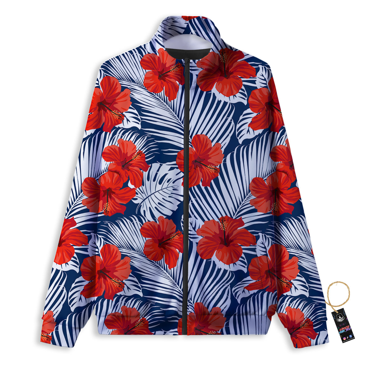 Hibiscus White Leaves Print Pattern Track Jacket-grizzshop