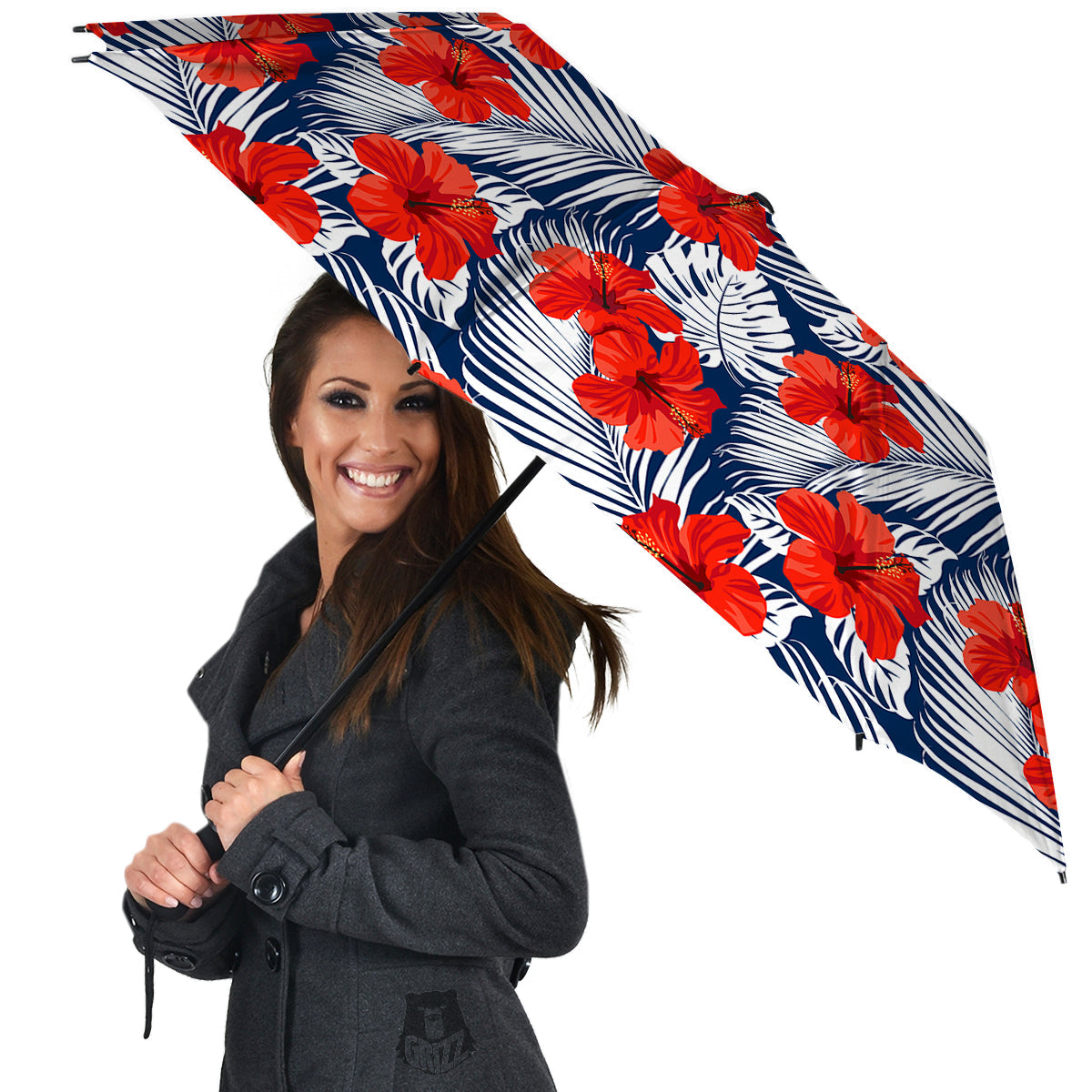 Hibiscus White Leaves Print Pattern Umbrella-grizzshop