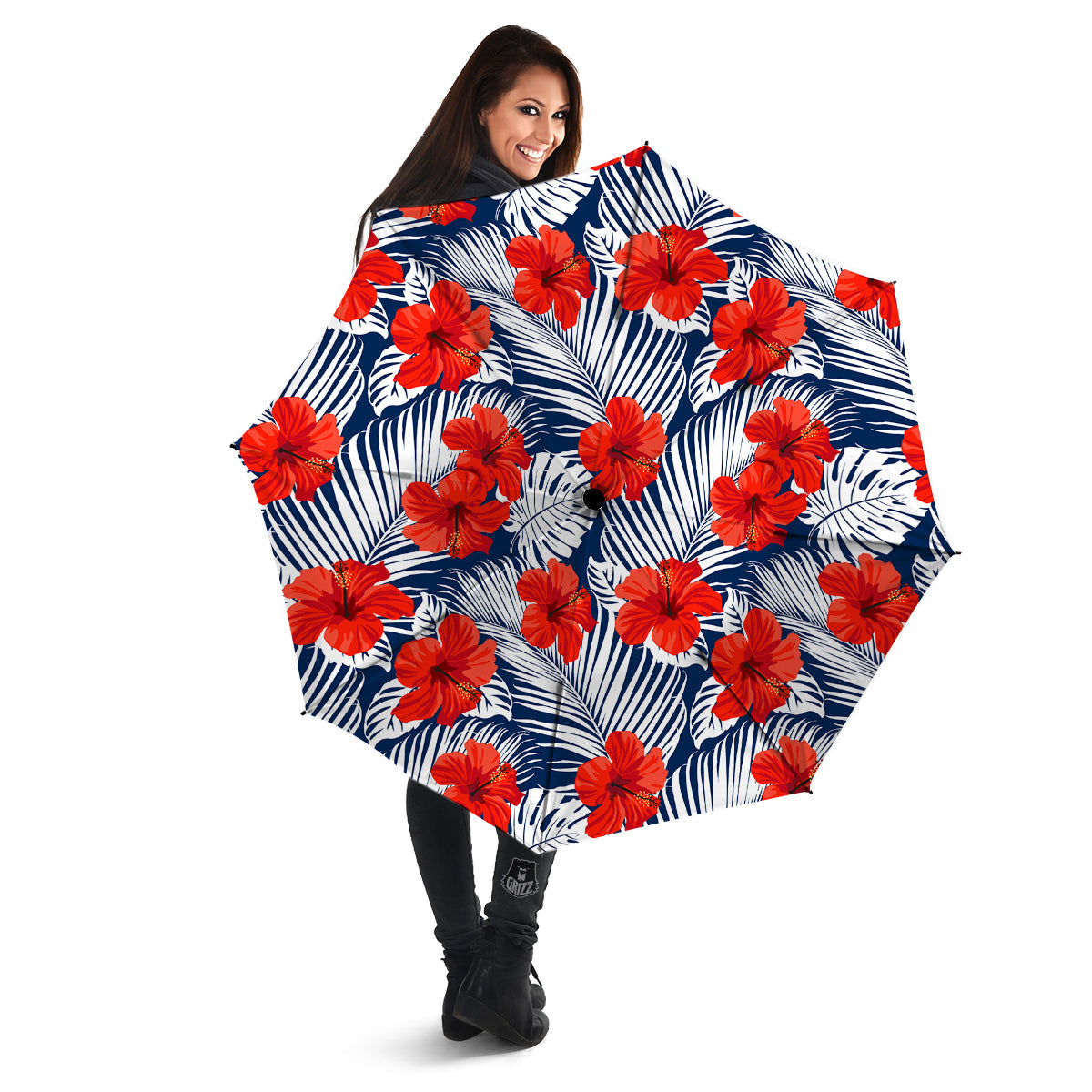 Hibiscus White Leaves Print Pattern Umbrella-grizzshop