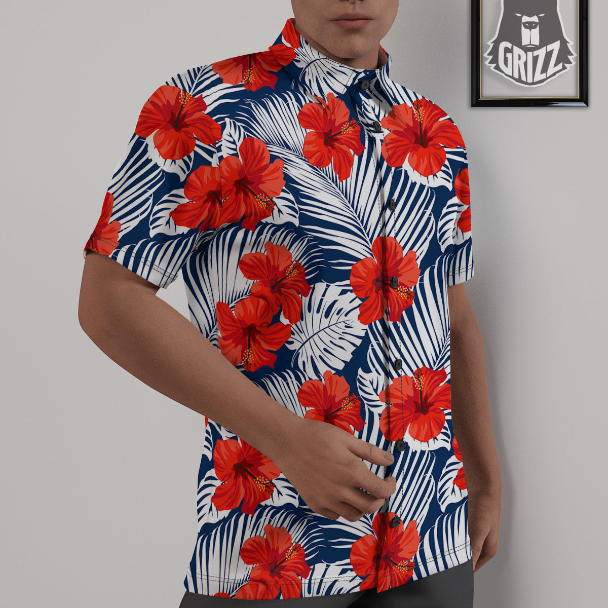 Hibiscus White Leaves Print Pattern Untucked Shirts-grizzshop