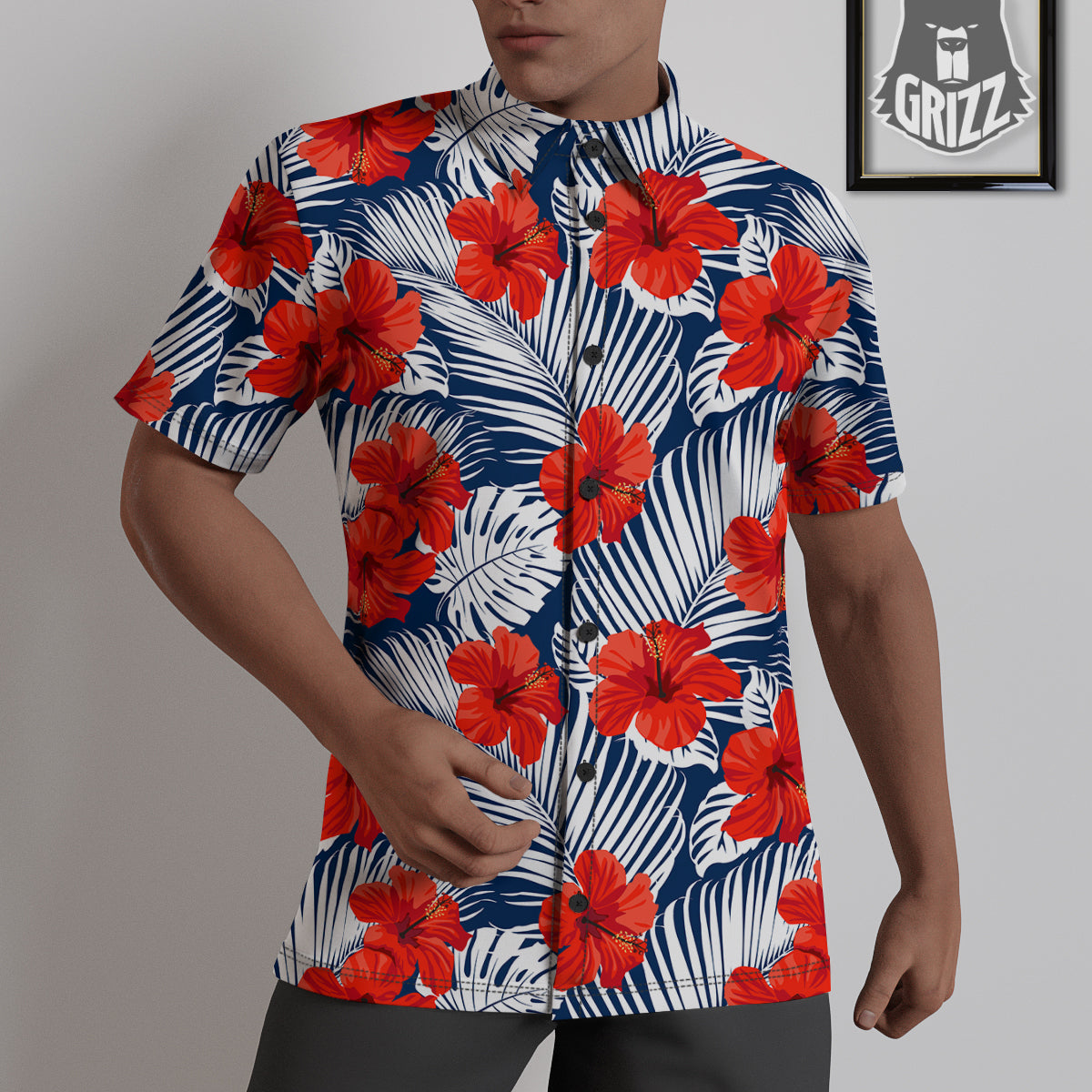Hibiscus White Leaves Print Pattern Untucked Shirts-grizzshop