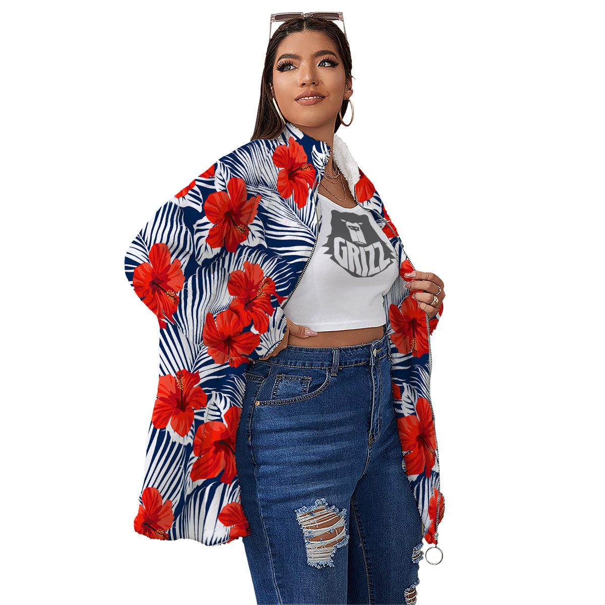 Hibiscus White Leaves Print Pattern Women's Sherpa Jacket-grizzshop
