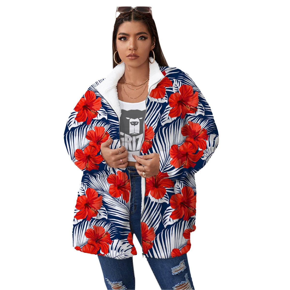 Hibiscus White Leaves Print Pattern Women's Sherpa Jacket-grizzshop