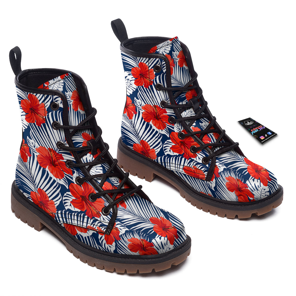 Hibiscus White Leaves Print Pattern Work Boots-grizzshop
