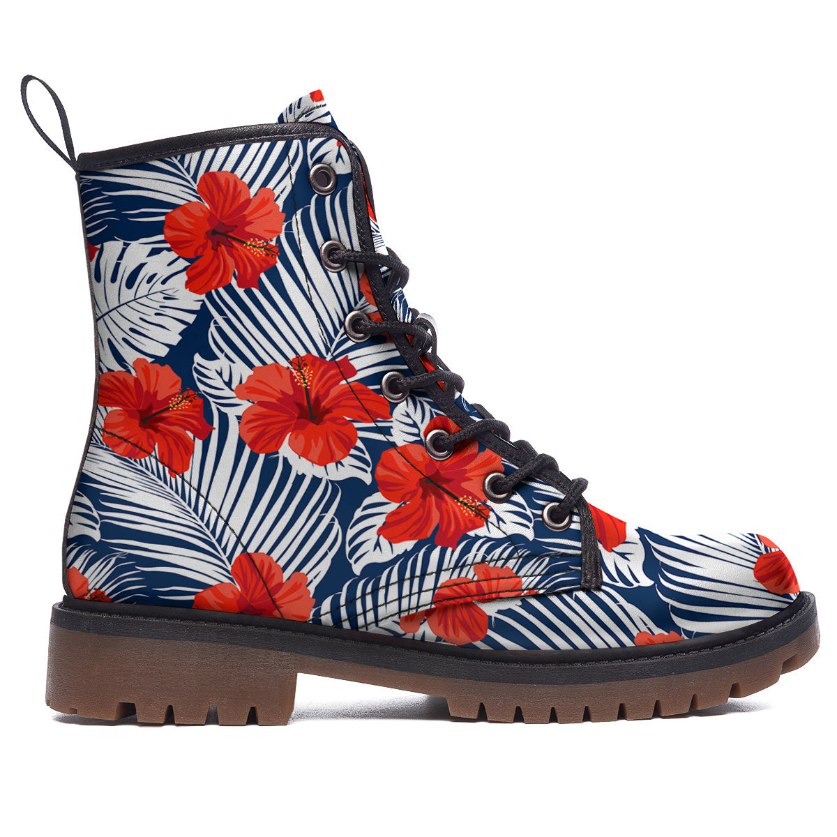 Hibiscus White Leaves Print Pattern Work Boots-grizzshop
