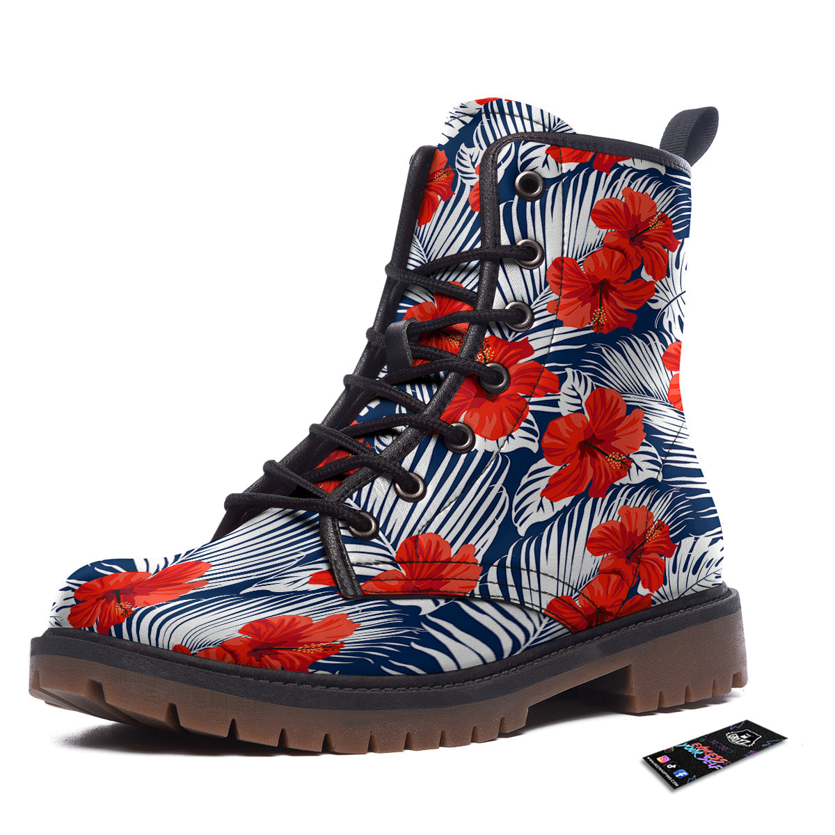 Hibiscus White Leaves Print Pattern Work Boots-grizzshop