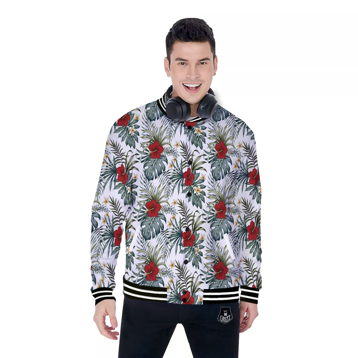Hibiscus White Tropical Print Pattern Baseball Jacket-grizzshop