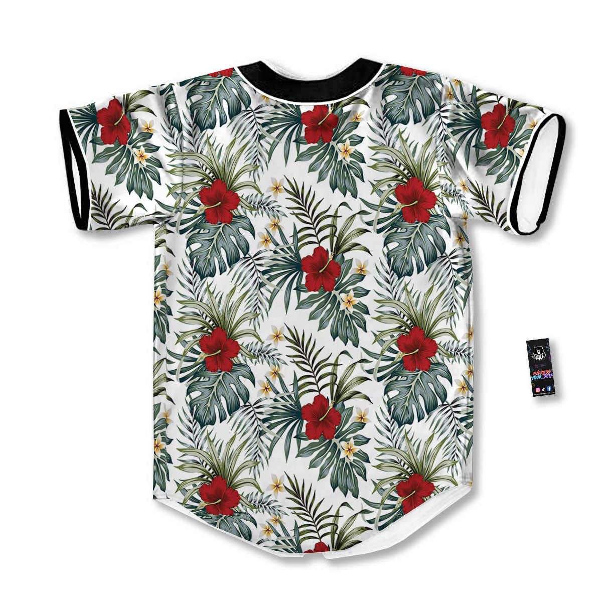 Hibiscus White Tropical Print Pattern Baseball Jersey-grizzshop