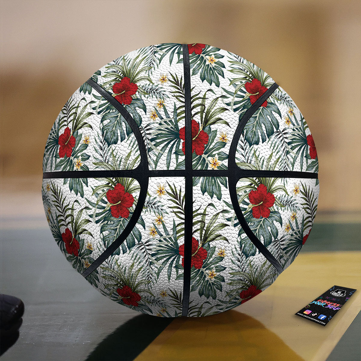 Hibiscus White Tropical Print Pattern Basketball