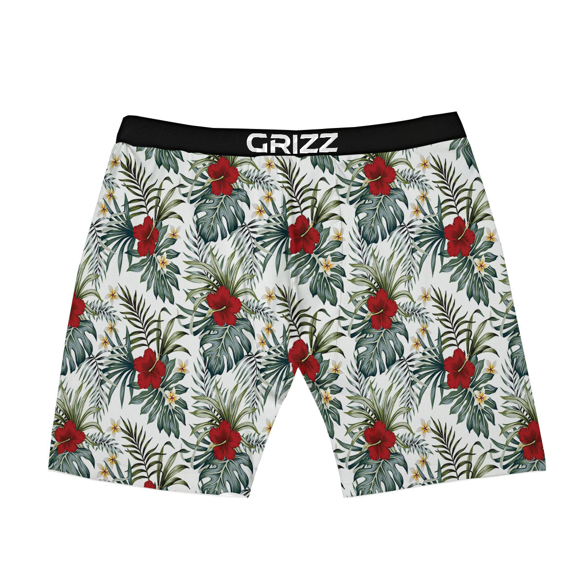 Hibiscus White Tropical Print Pattern Boxer Briefs-grizzshop