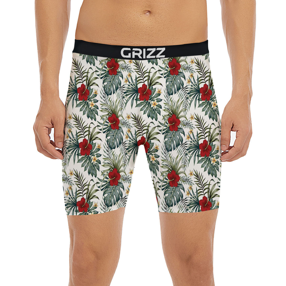 Hibiscus White Tropical Print Pattern Boxer Briefs-grizzshop