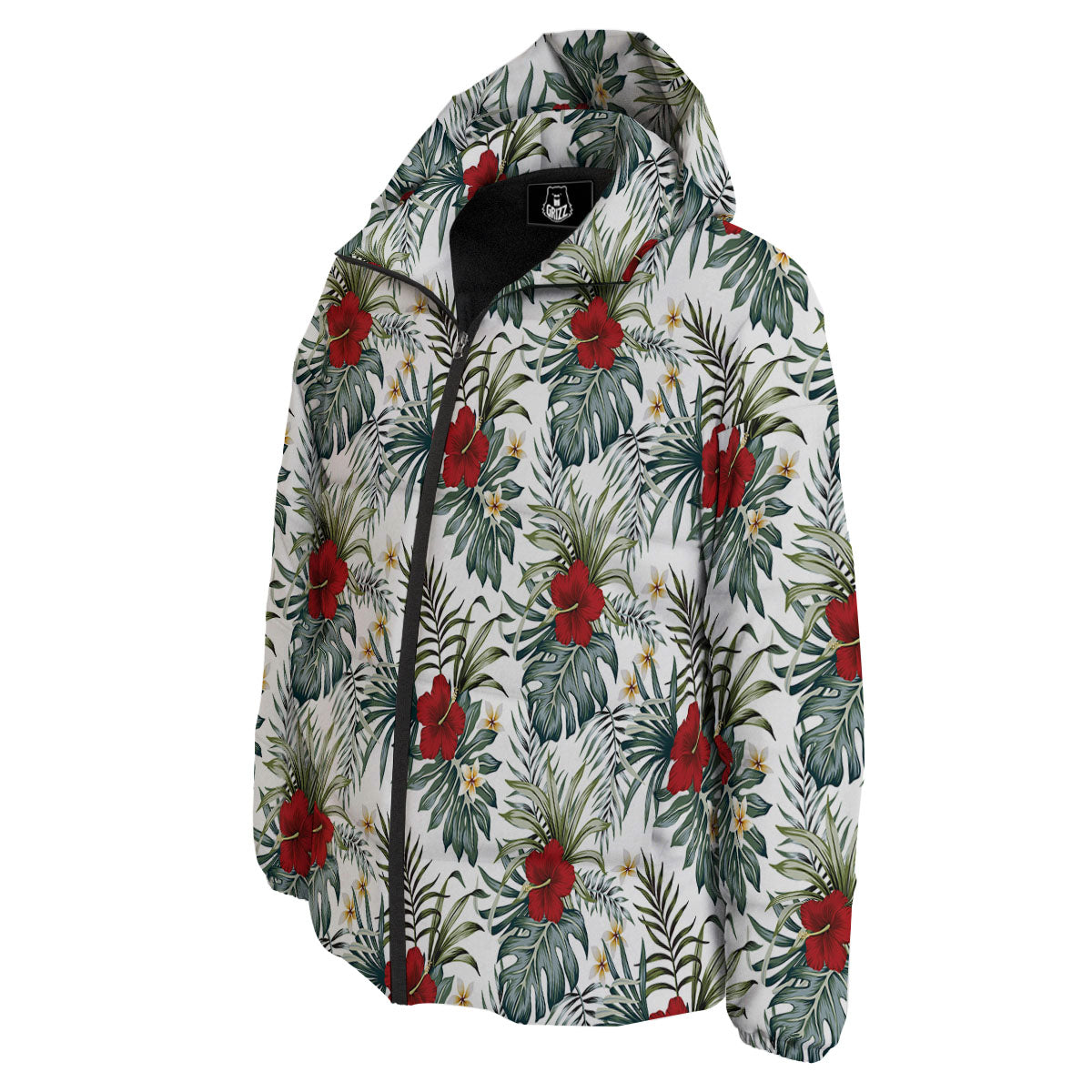 Hibiscus White Tropical Print Pattern Down Jacket-grizzshop