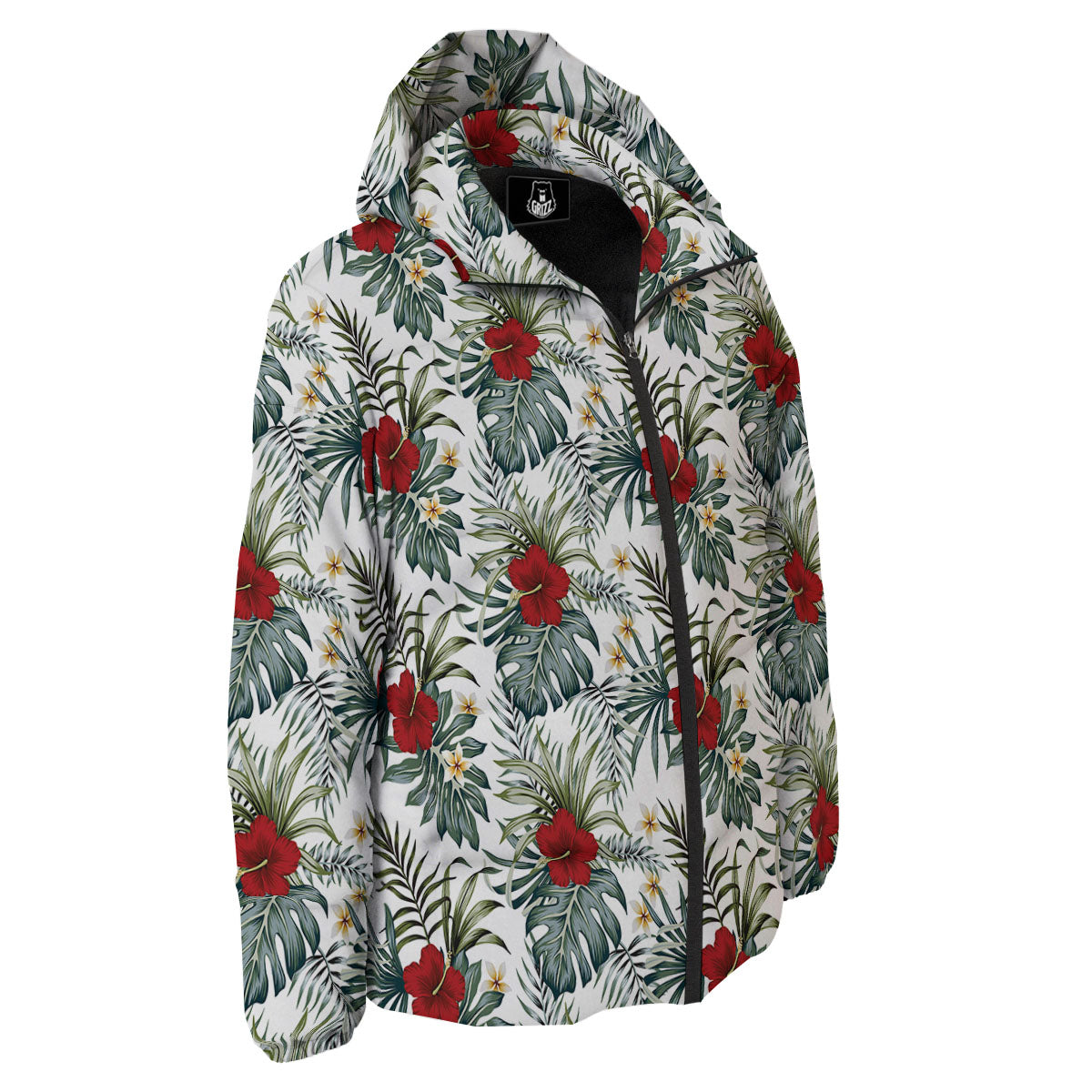 Hibiscus White Tropical Print Pattern Down Jacket-grizzshop