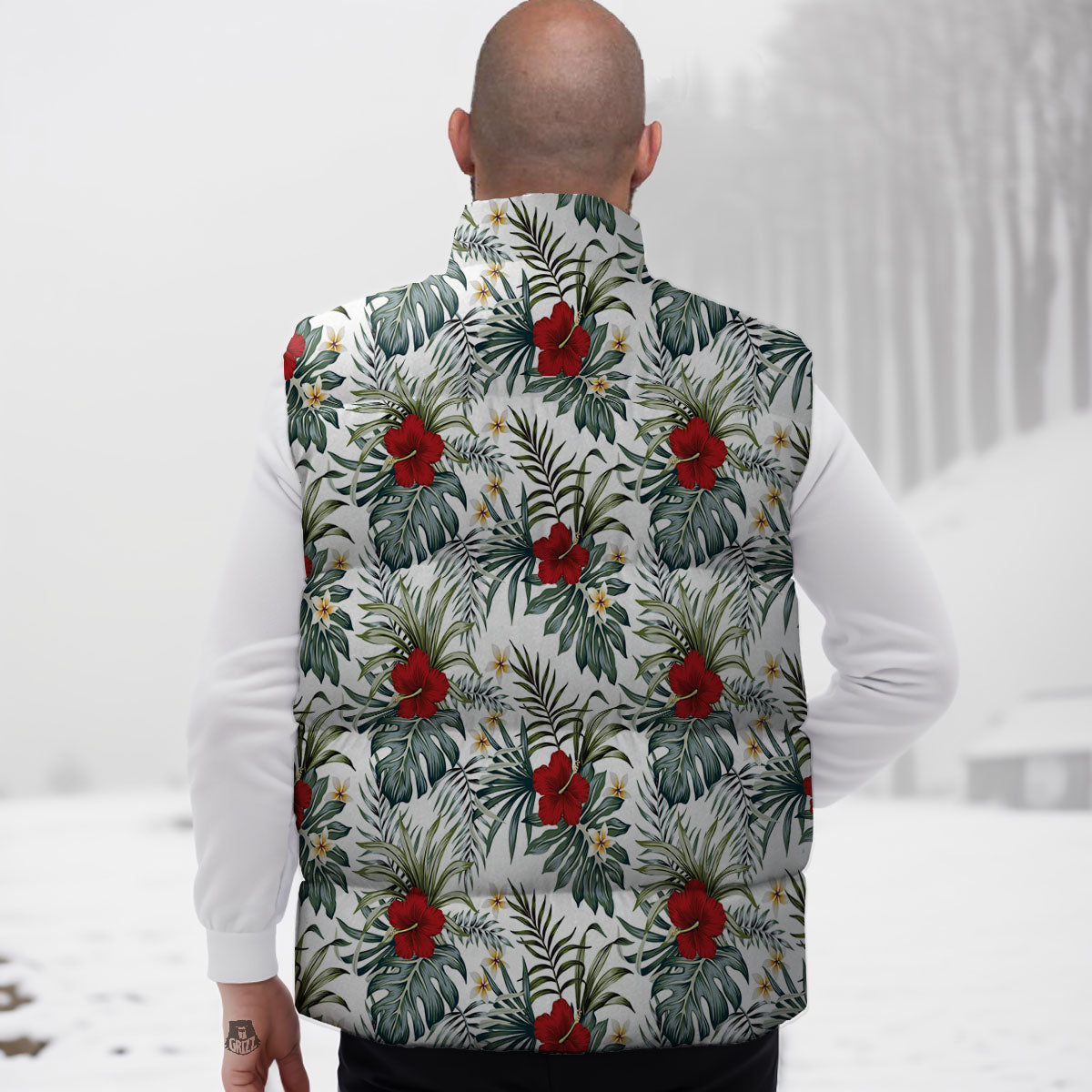 Hibiscus White Tropical Print Pattern Down Vest