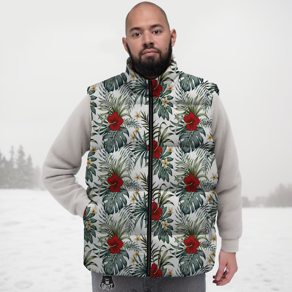 Hibiscus White Tropical Print Pattern Down Vest