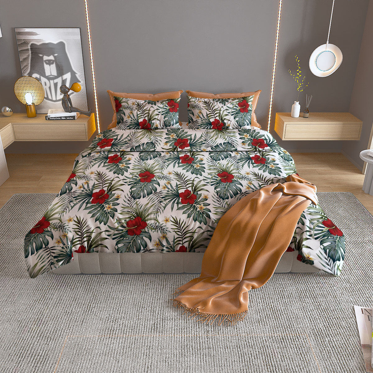 Hibiscus White Tropical Print Pattern Duvet Cover Bedding Set