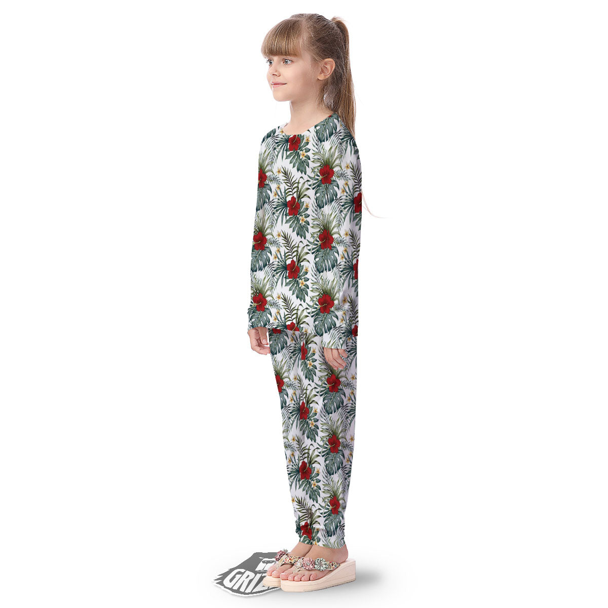 Hibiscus White Tropical Print Pattern Kid's Pajamas-grizzshop