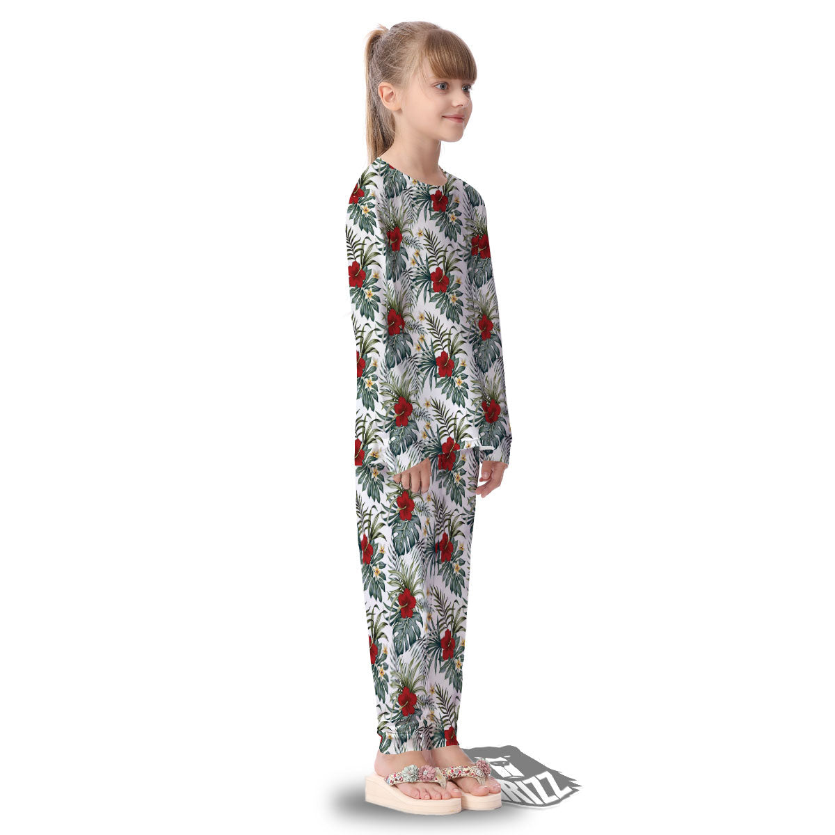 Hibiscus White Tropical Print Pattern Kid's Pajamas-grizzshop
