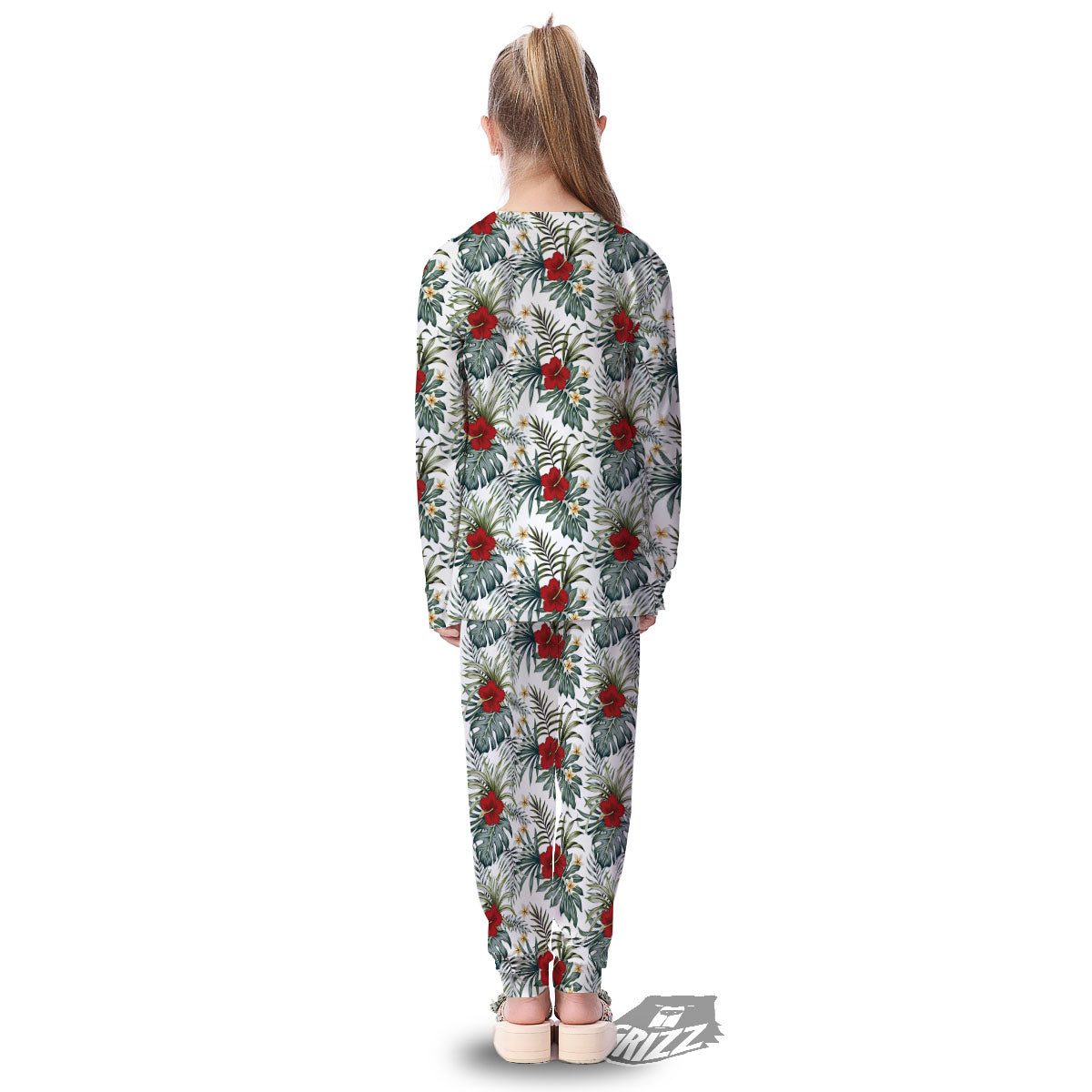 Hibiscus White Tropical Print Pattern Kid's Pajamas-grizzshop