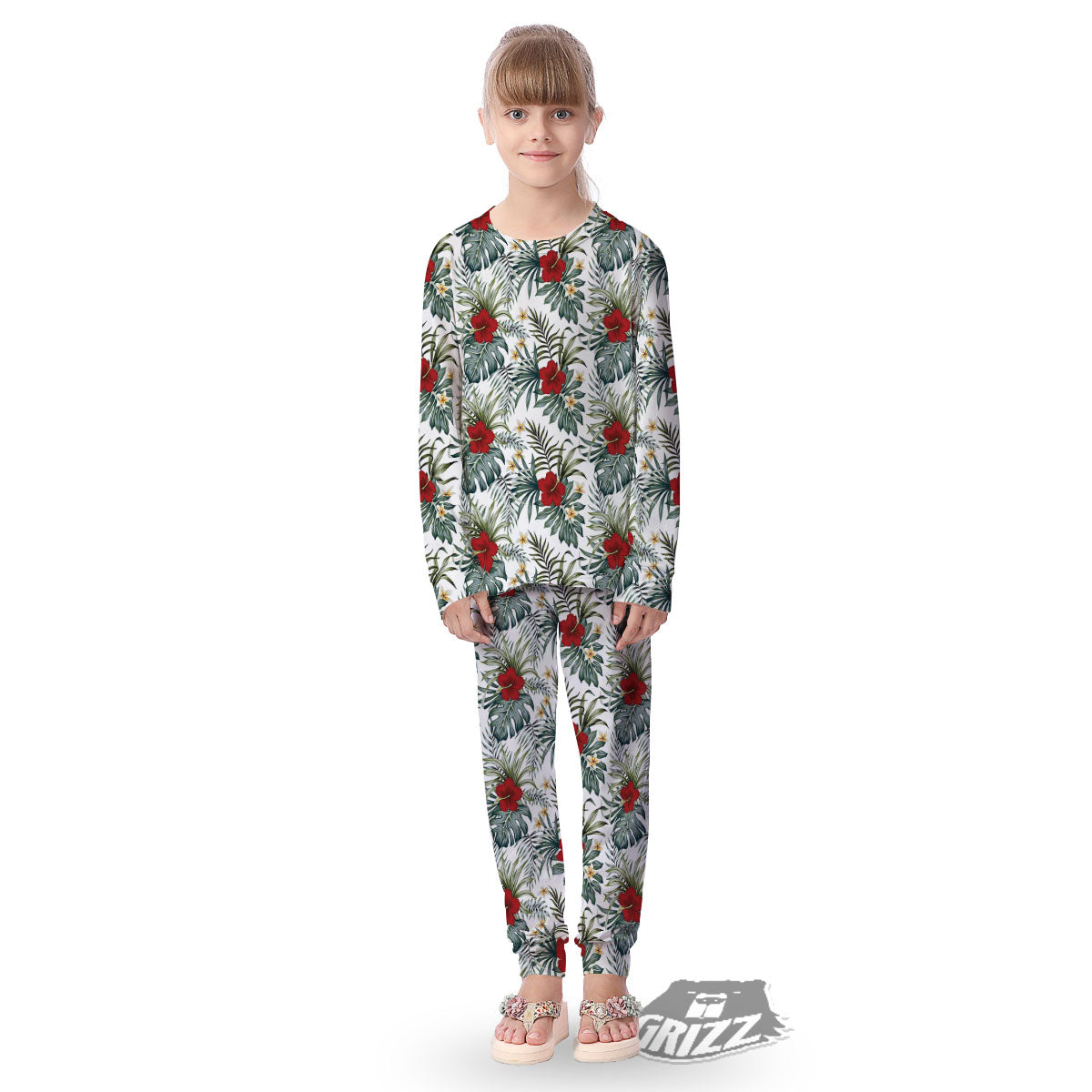 Hibiscus White Tropical Print Pattern Kid's Pajamas-grizzshop