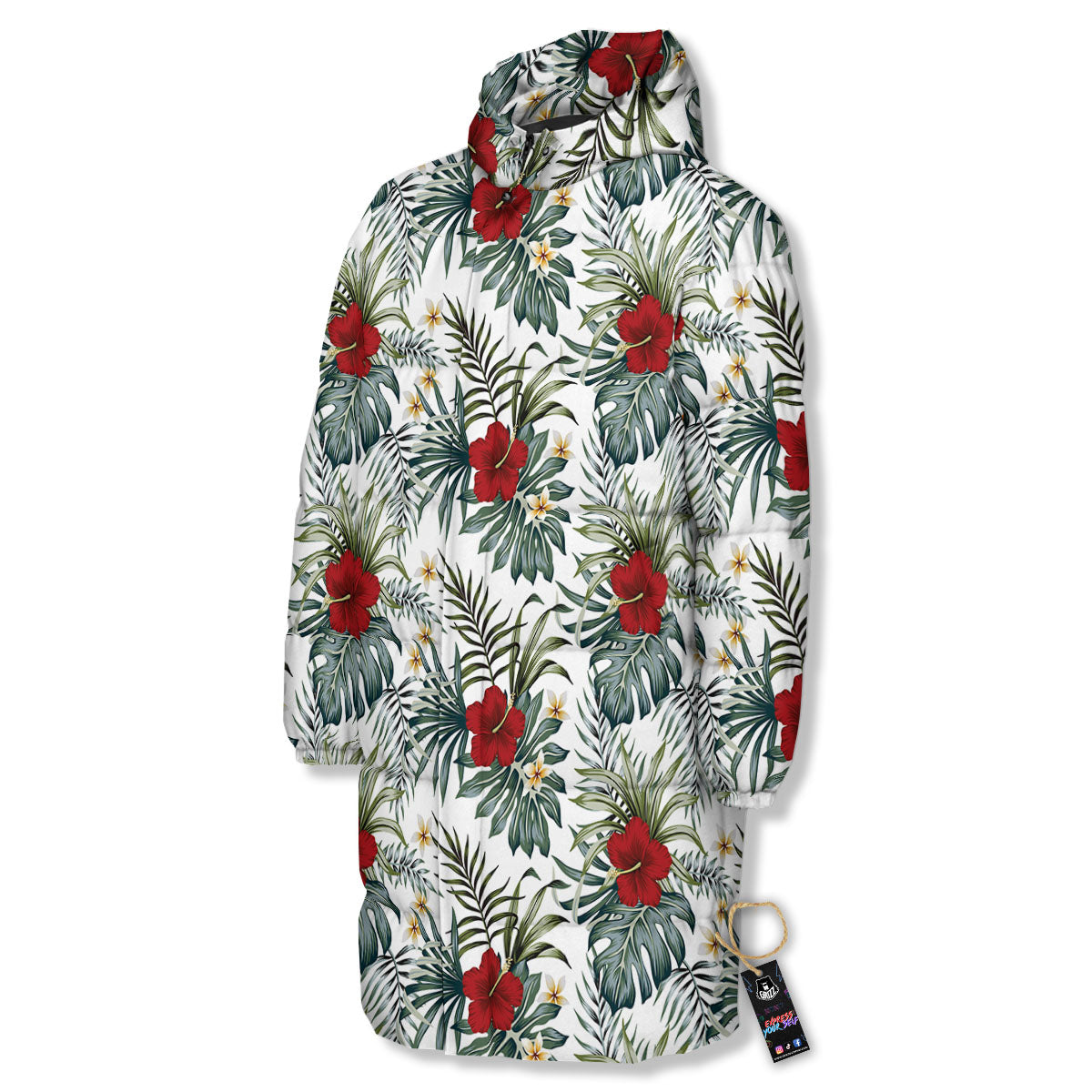 Hibiscus White Tropical Print Pattern Long Down Jacket-grizzshop