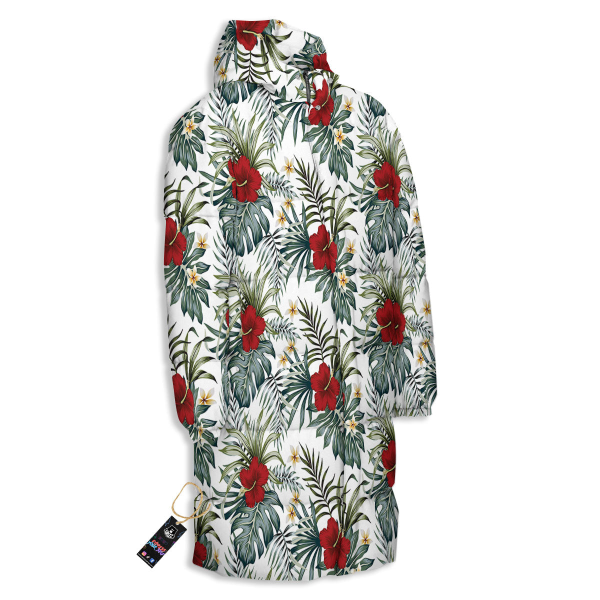 Hibiscus White Tropical Print Pattern Long Down Jacket-grizzshop