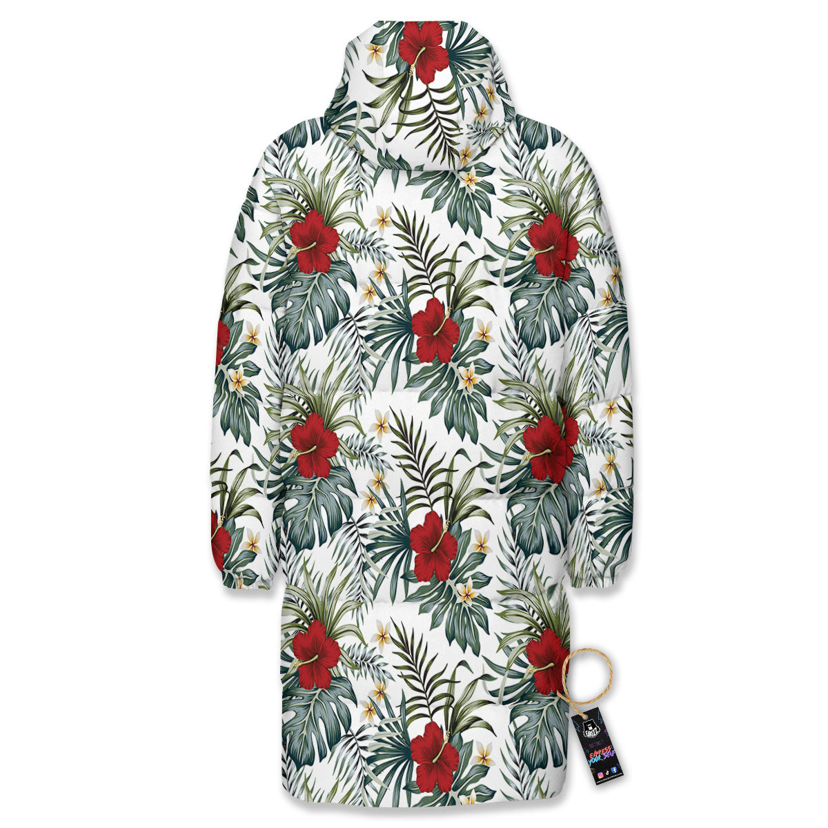 Hibiscus White Tropical Print Pattern Long Down Jacket-grizzshop