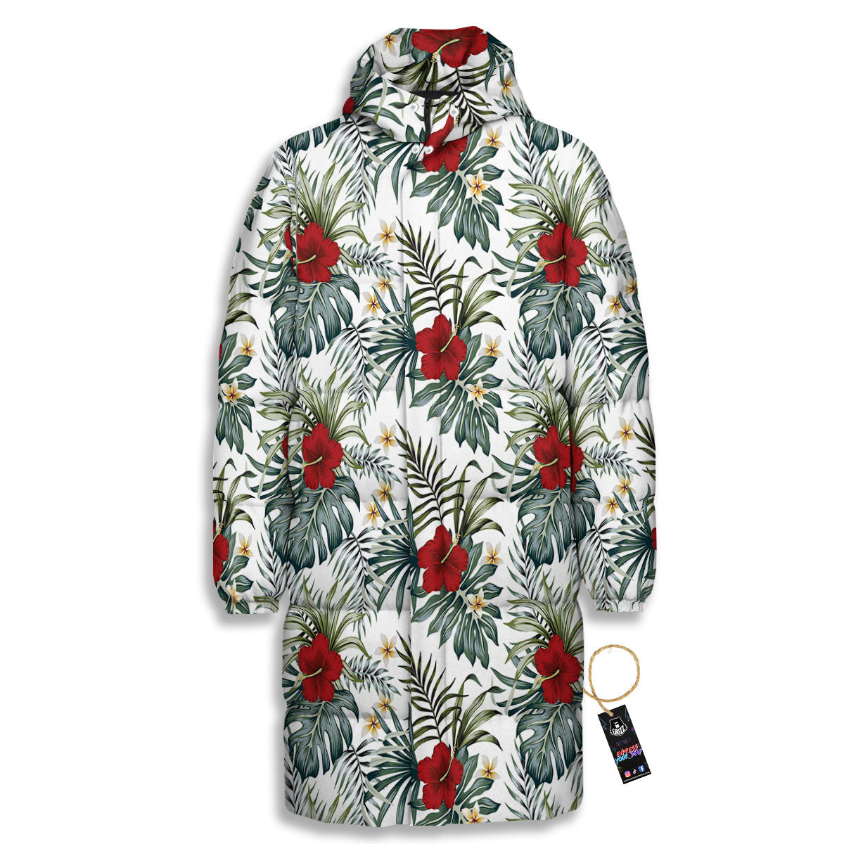 Hibiscus White Tropical Print Pattern Long Down Jacket-grizzshop