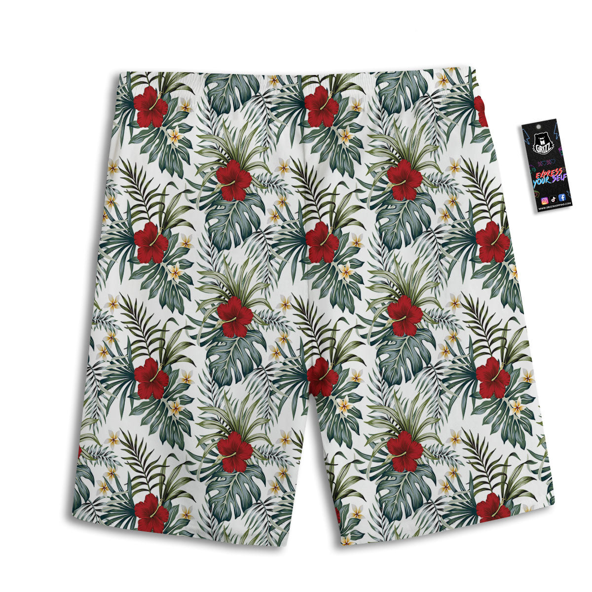 Hibiscus White Tropical Print Pattern Men's Athletic Shorts