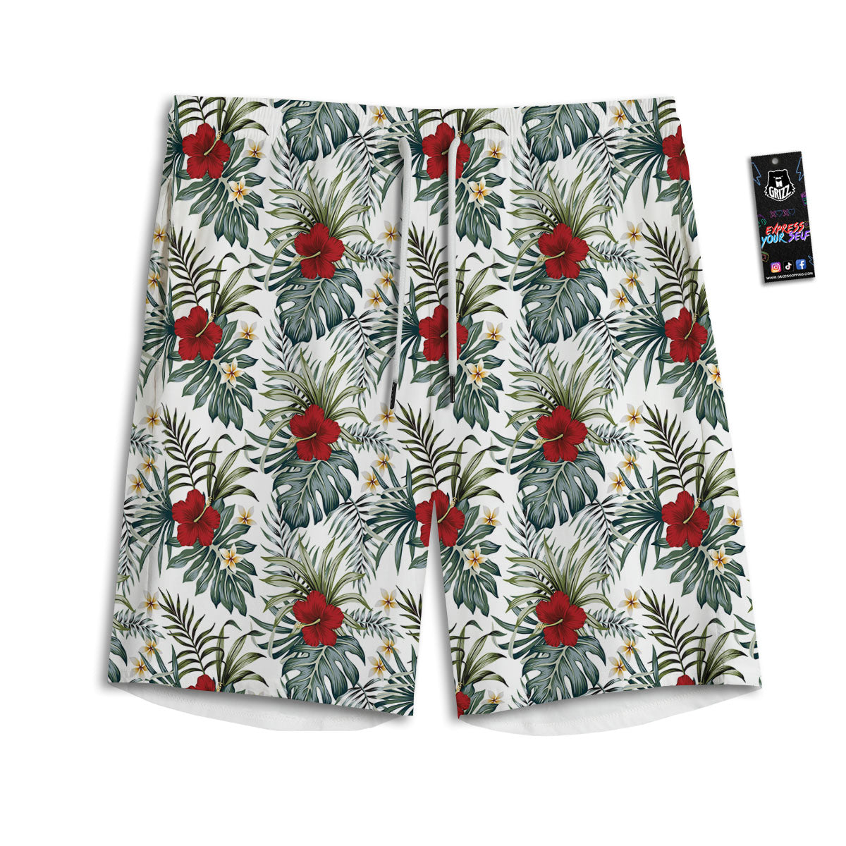 Hibiscus White Tropical Print Pattern Men's Athletic Shorts