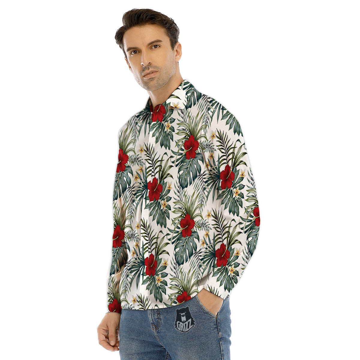 Hibiscus White Tropical Print Pattern Men's Dress Shirts-grizzshop
