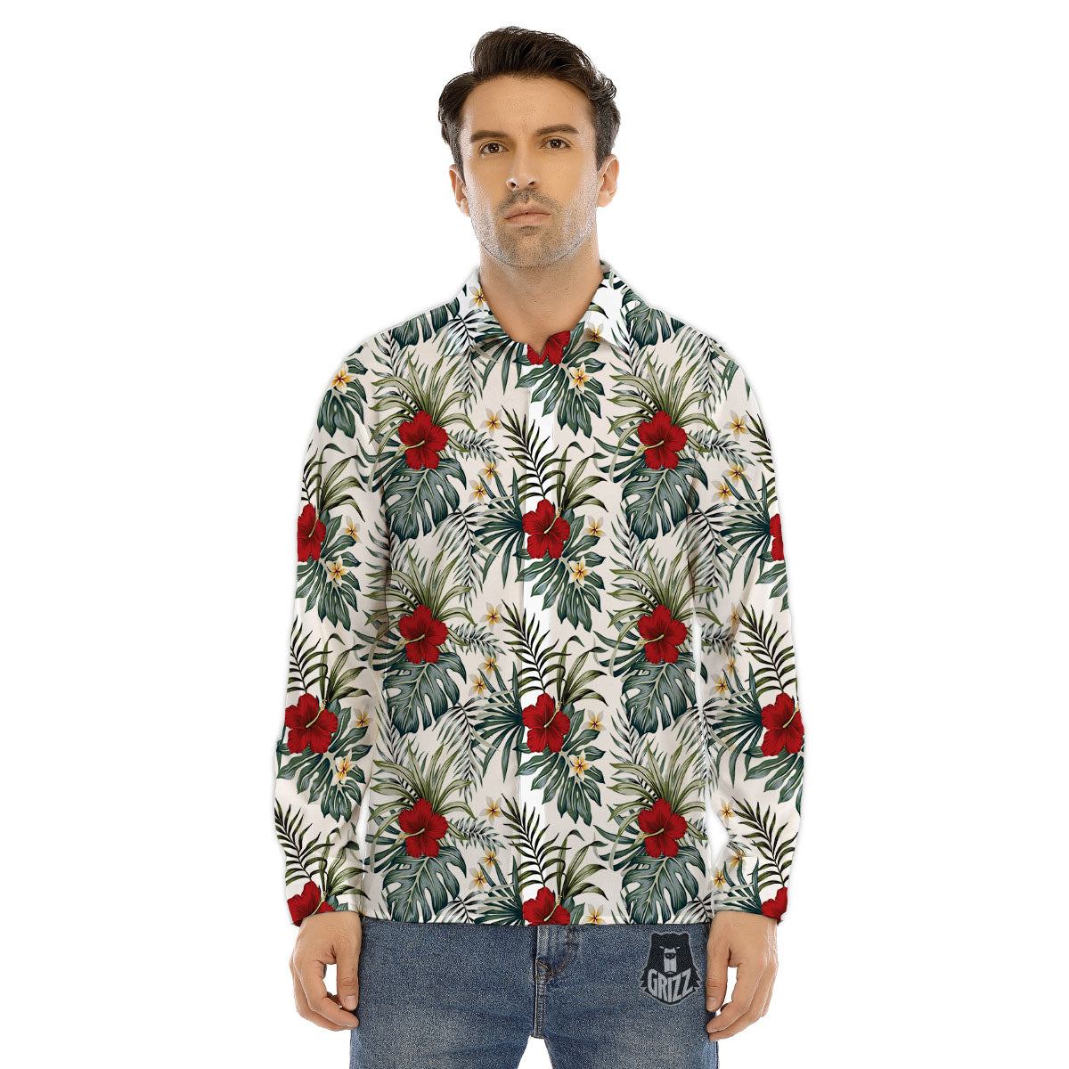 Hibiscus White Tropical Print Pattern Men's Dress Shirts-grizzshop