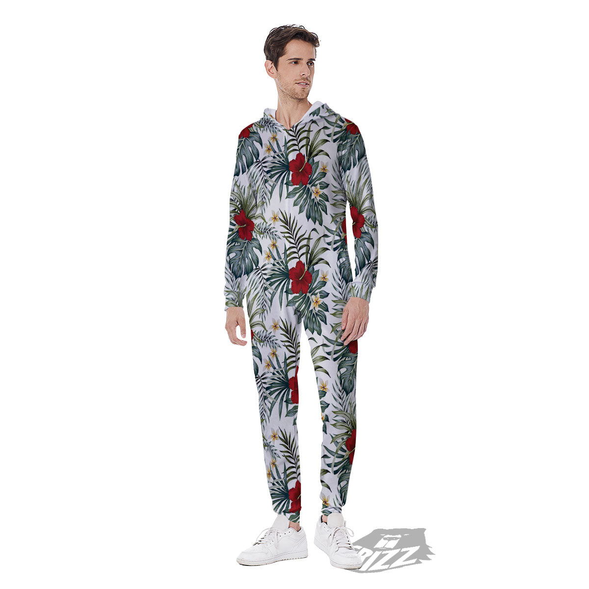 Hibiscus White Tropical Print Pattern Men's Jumpsuit-grizzshop