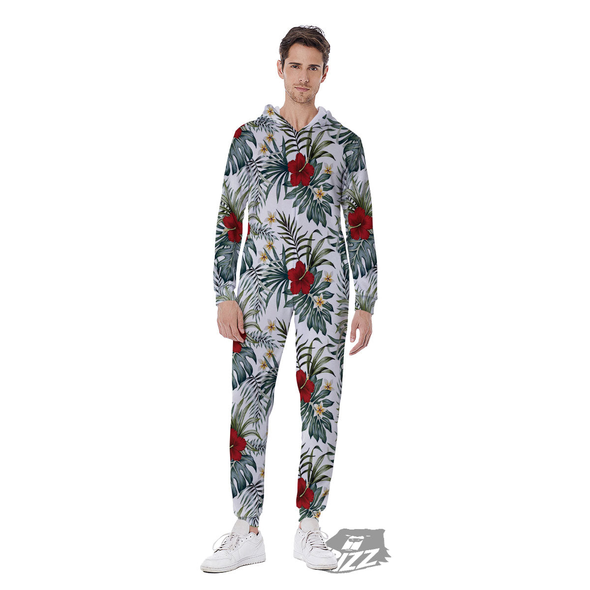 Hibiscus White Tropical Print Pattern Men's Jumpsuit-grizzshop