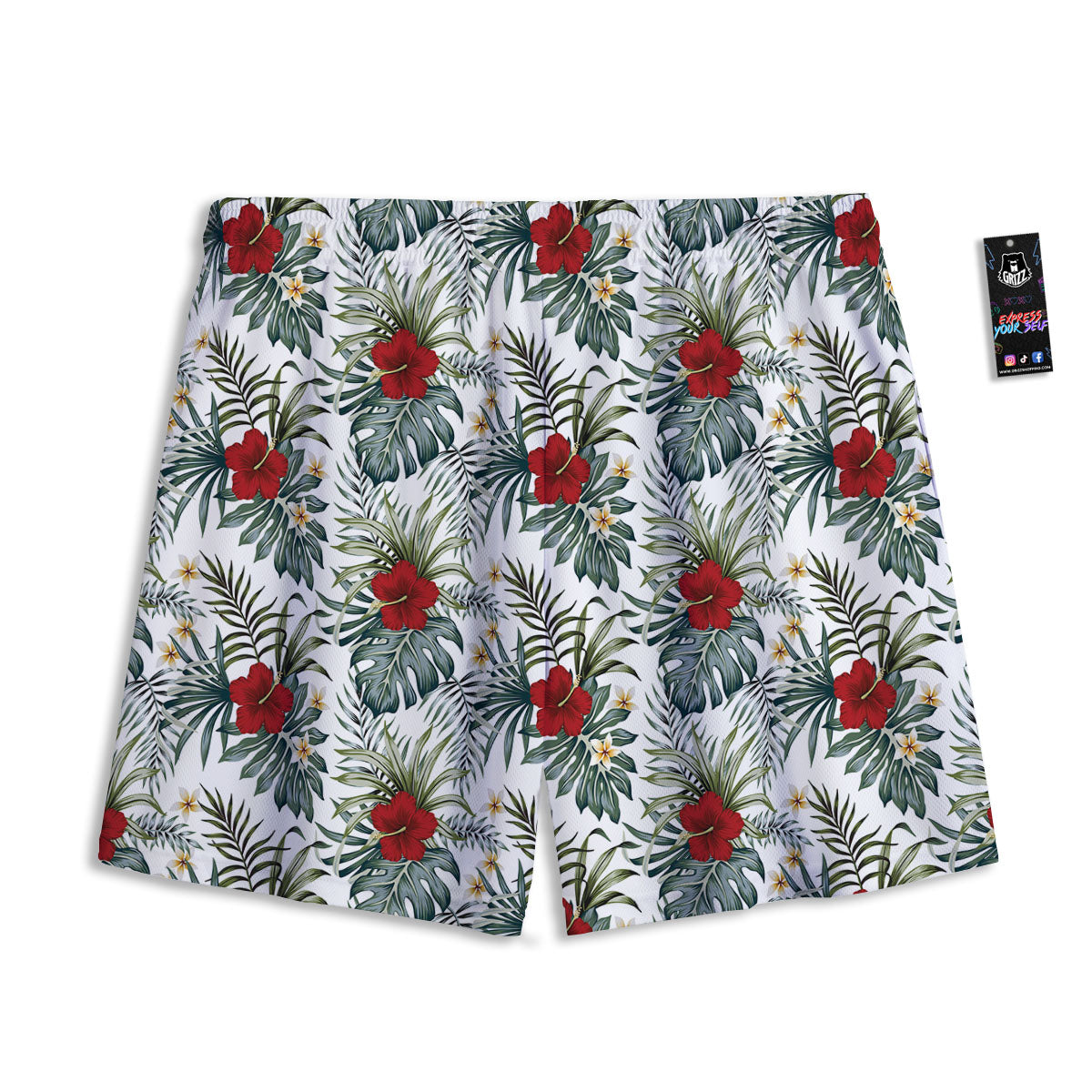 Hibiscus White Tropical Print Pattern Mesh Shorts