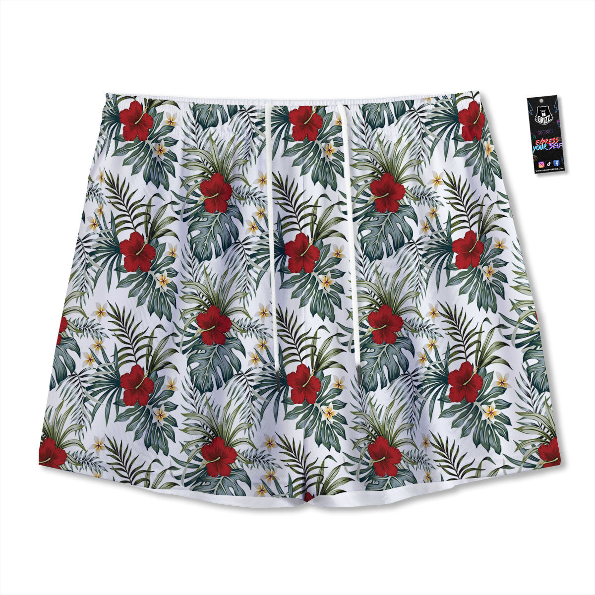 Hibiscus White Tropical Print Pattern Mesh Shorts