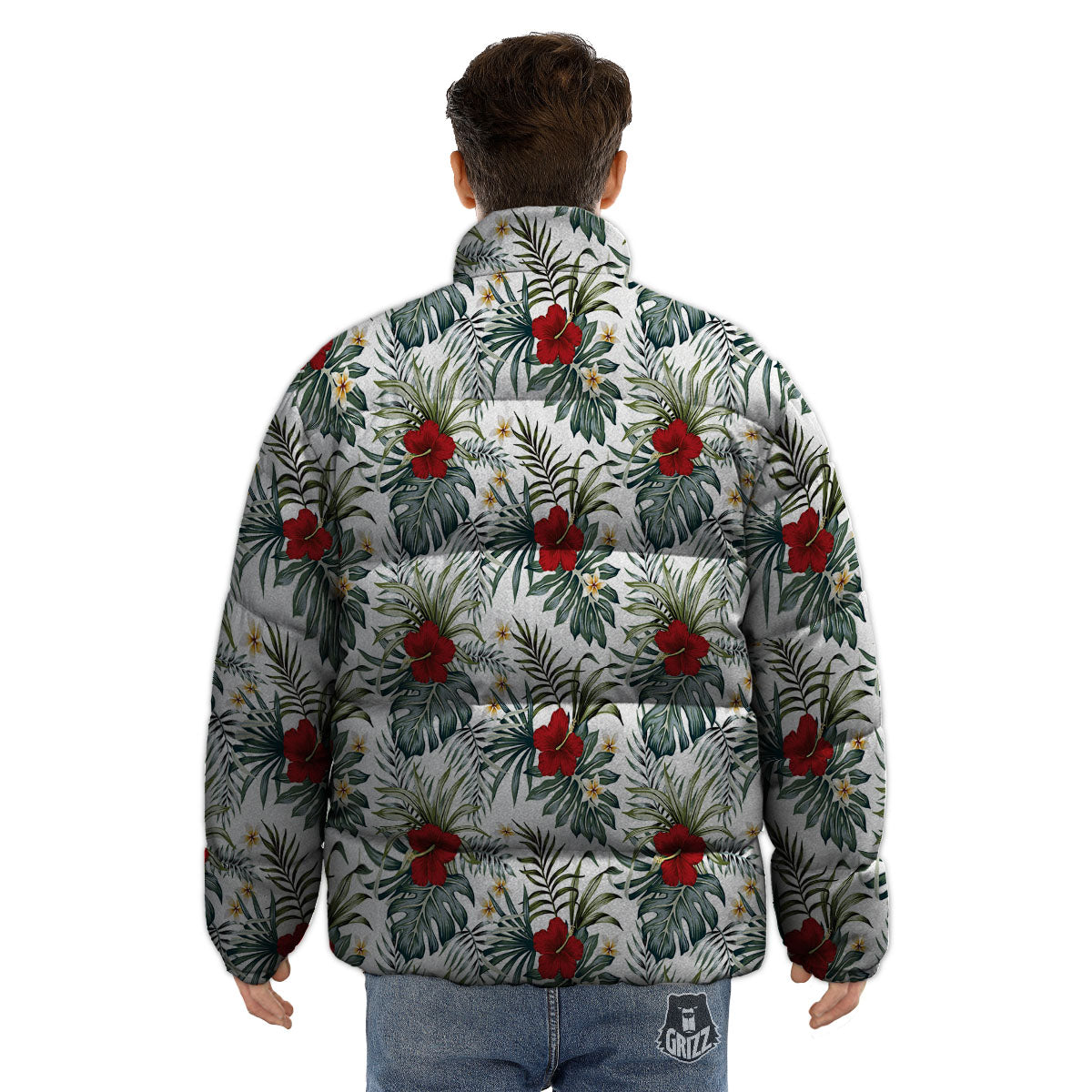 Hibiscus White Tropical Print Pattern Puffer Jacket-grizzshop