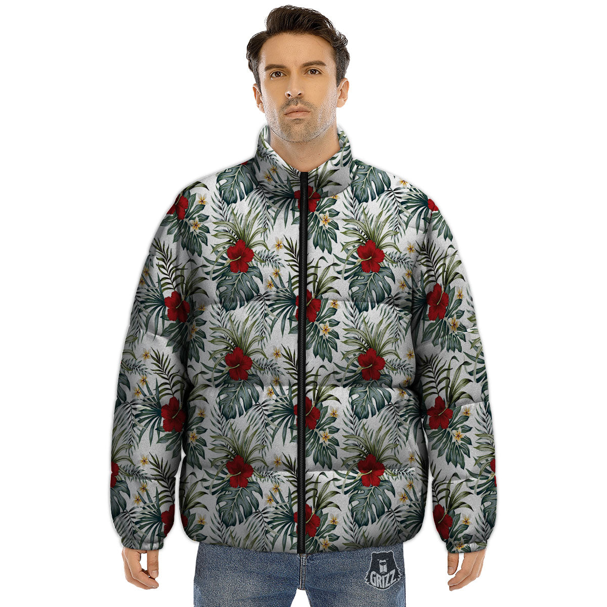 Hibiscus White Tropical Print Pattern Puffer Jacket-grizzshop