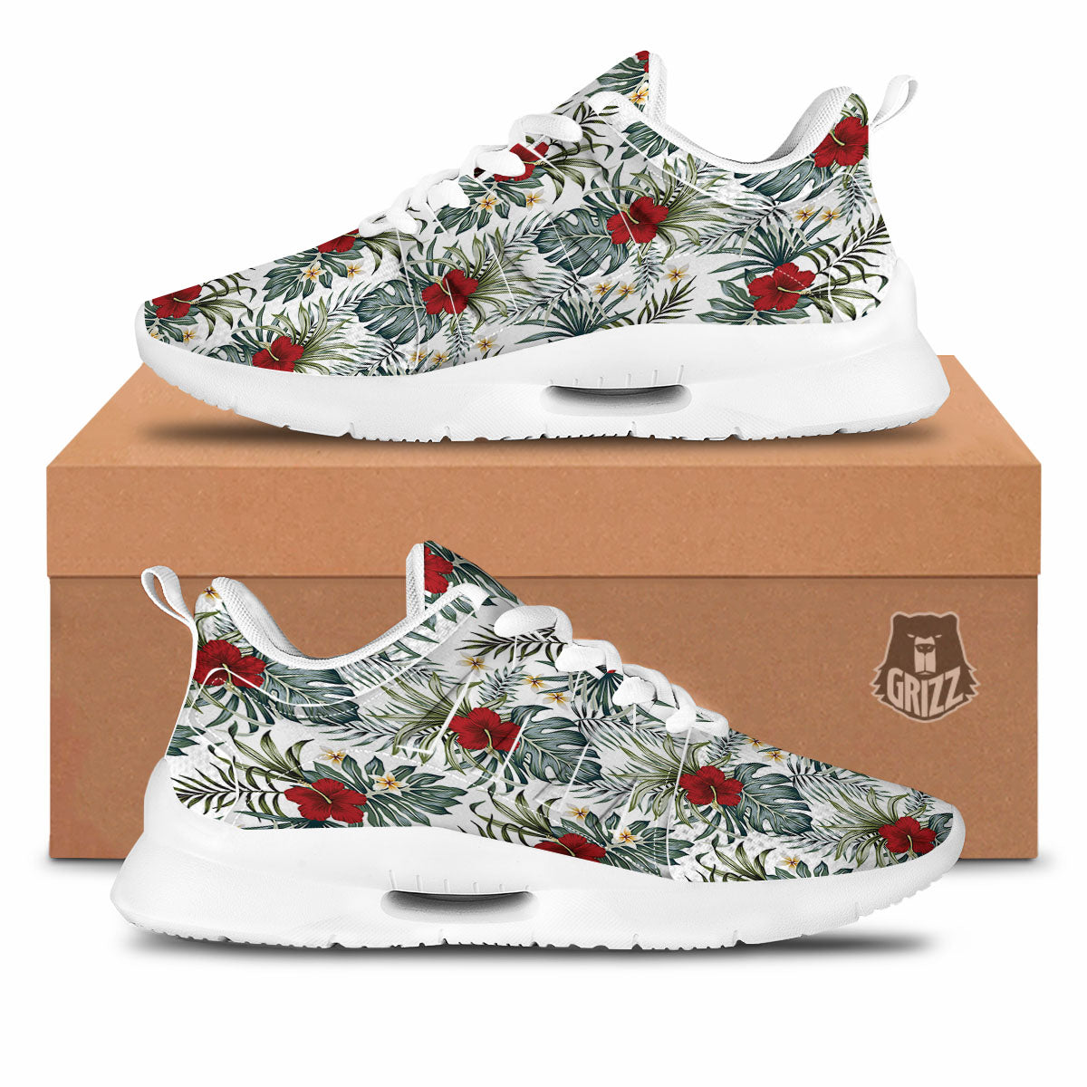Hibiscus White Tropical Print Pattern Tennis Shoes-grizzshop