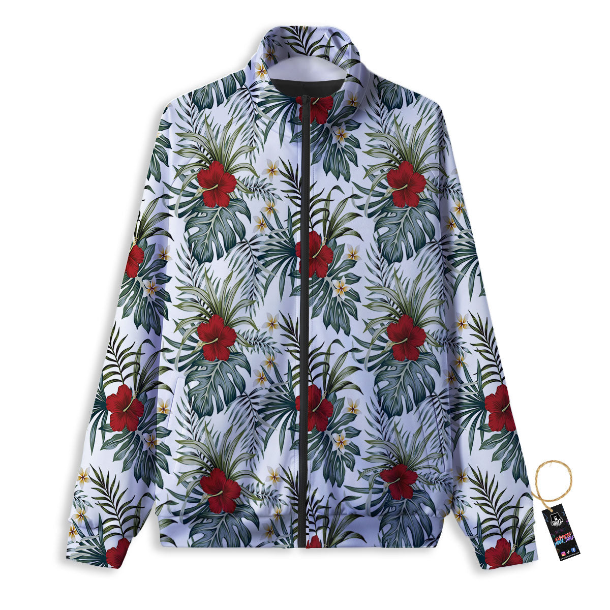 Hibiscus White Tropical Print Pattern Track Jacket-grizzshop