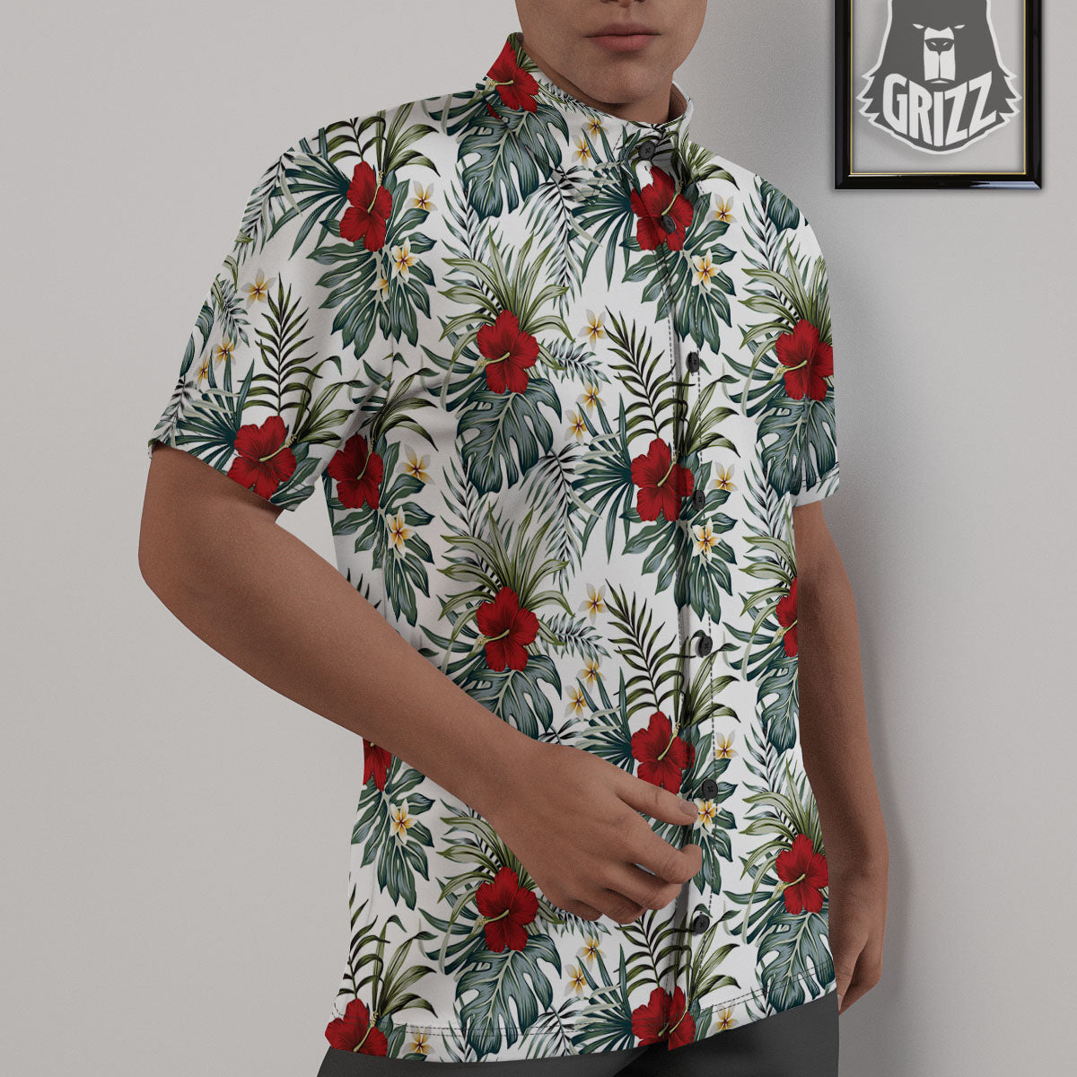 Hibiscus White Tropical Print Pattern Untucked Shirts-grizzshop