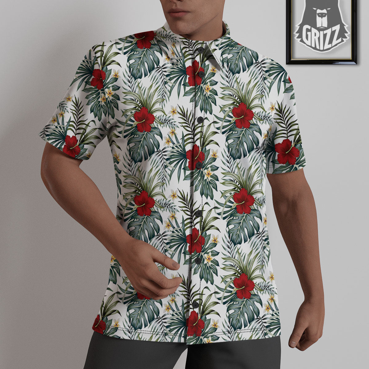 Hibiscus White Tropical Print Pattern Untucked Shirts-grizzshop
