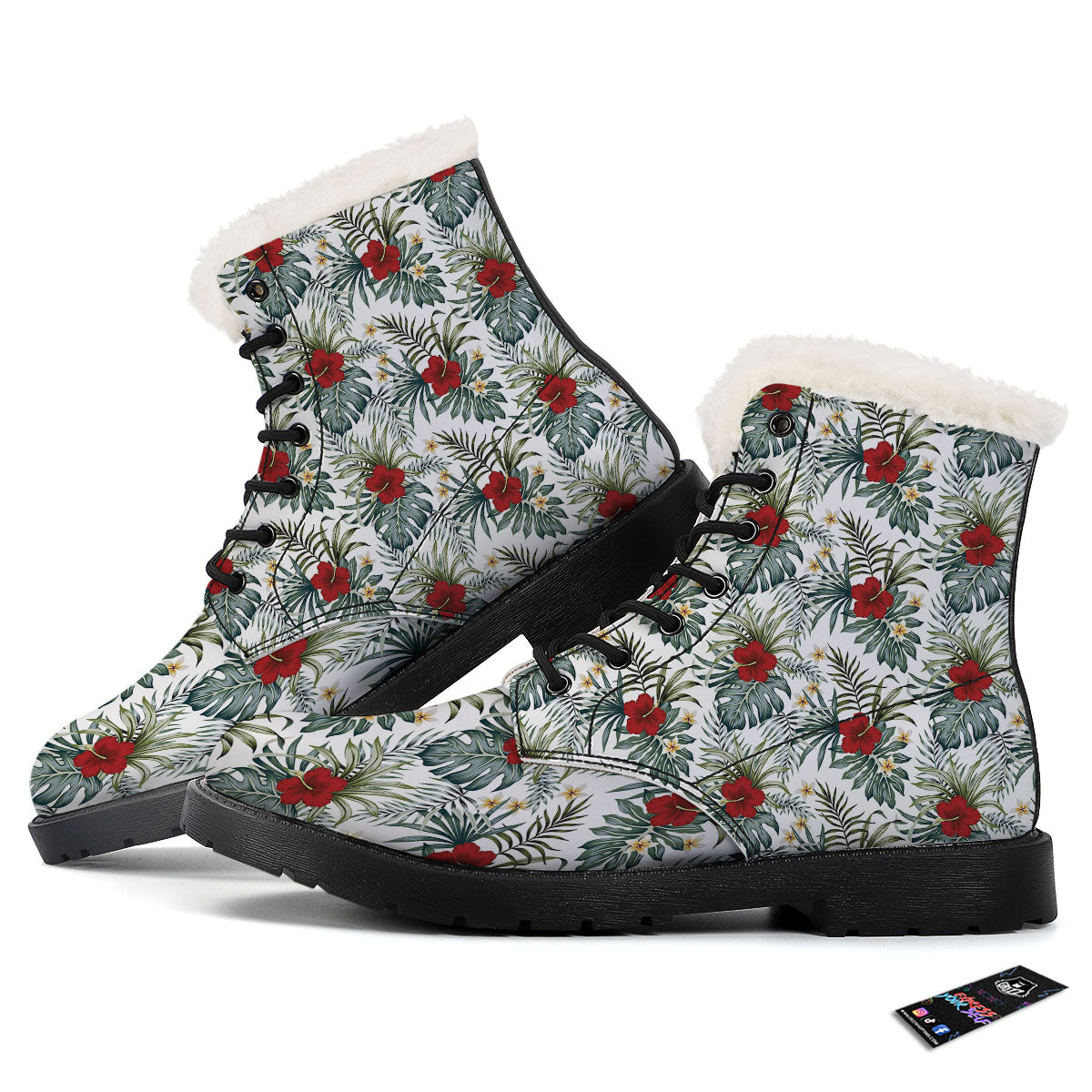 Hibiscus White Tropical Print Pattern Winter Boots-grizzshop