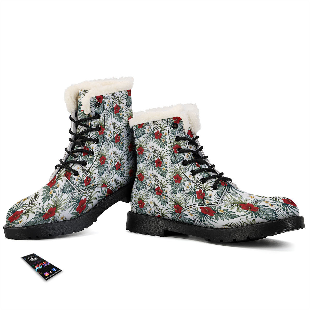 Hibiscus White Tropical Print Pattern Winter Boots-grizzshop