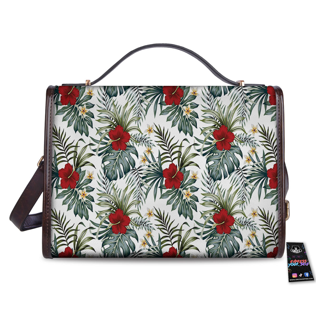 Hibiscus White Tropical Print Pattern Women's Satchel Bag-grizzshop